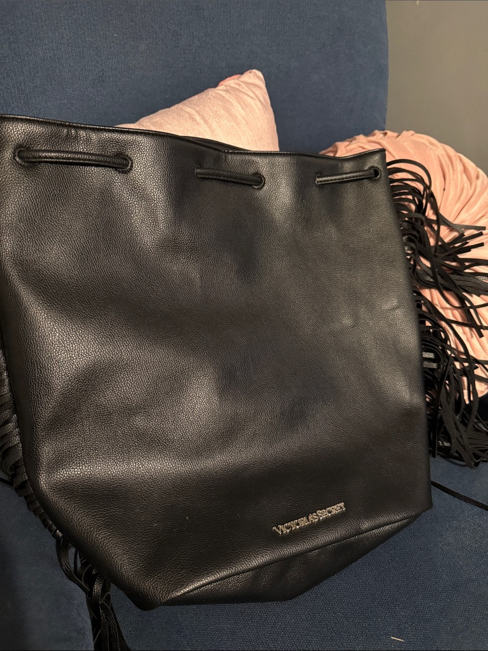 Victoria's Secret Black Fringe Drawstring Tote